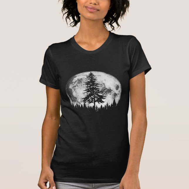 Camiseta Lua cheia retrorada e árvore de pinheiro minimalis (Frente)