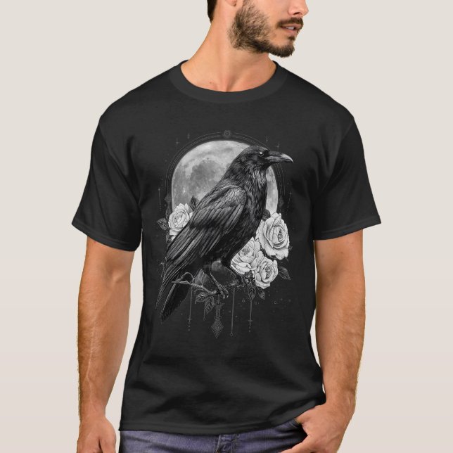 Camiseta Lua Corvo Rosa Arrepiante Preto Gótico Espiritual  (Frente)