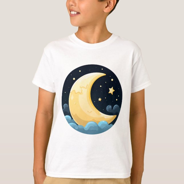 Camiseta Lua Crescente de Desenho Animado e Estrelas - Céu  (Frente)
