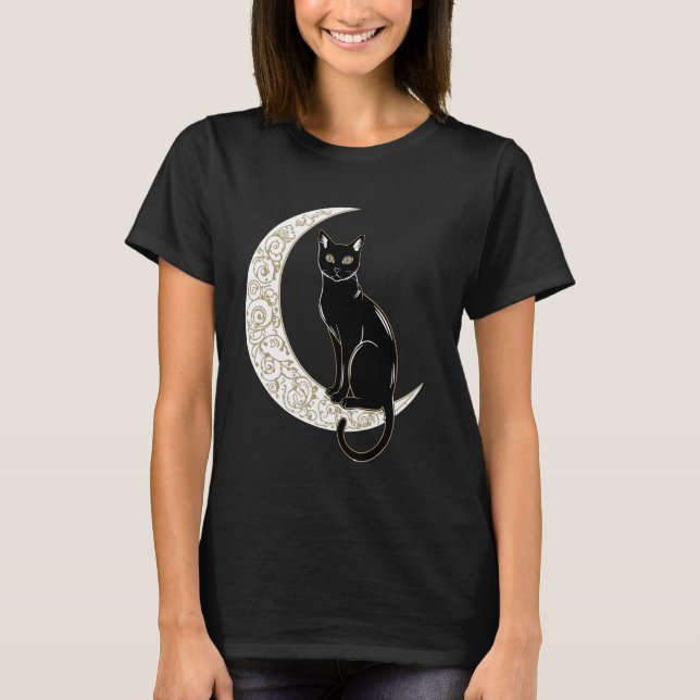Camiseta Lua Crescente do Gato Preto Estética Mágica (Frente)