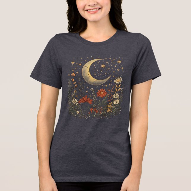 Camiseta Lua Crescente & Flor Silvestre Noite Estrelada (Frente)