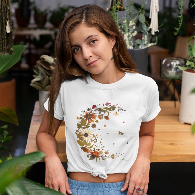 Camiseta Lua Crescente Floral l Obra de Arte de Flor Prensa (Criador carregado)