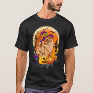Camiseta Lua De Cão Pomeraniana De Halloween Com Pumpkin En