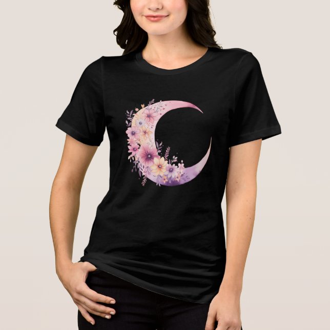 Camiseta Lua de Crescente Rosa com Flores Bonito (Frente)