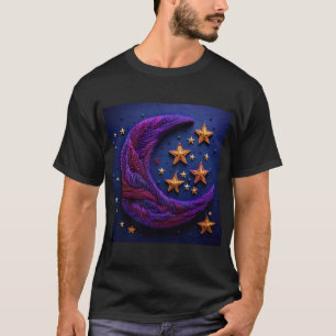 Camiseta Lua De Crescente Roxo E Estrelas Douradas Feitas D