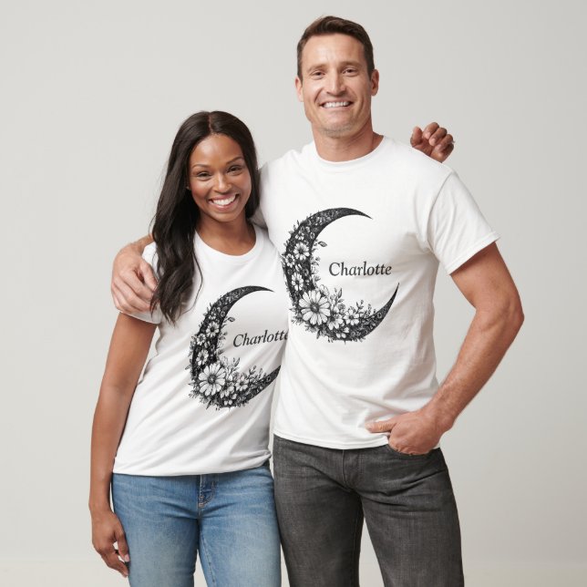 Camiseta Lua e Flores Arte com Nome Personalizável (Unissex)