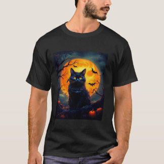 Camiseta Lua e Morcegos de Laranja de Gato Halloween e Bomb