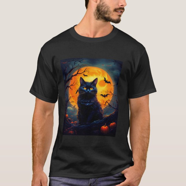 Camiseta Lua e Morcegos de Laranja de Gato Halloween e Bomb (Frente)