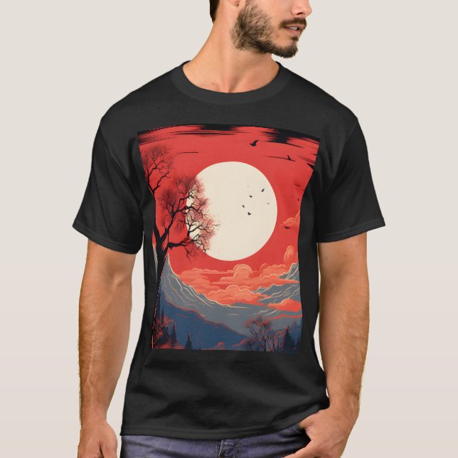 Camiseta Lua Étera Num Céu Vermelho Sobre As Montanhas (Frente)