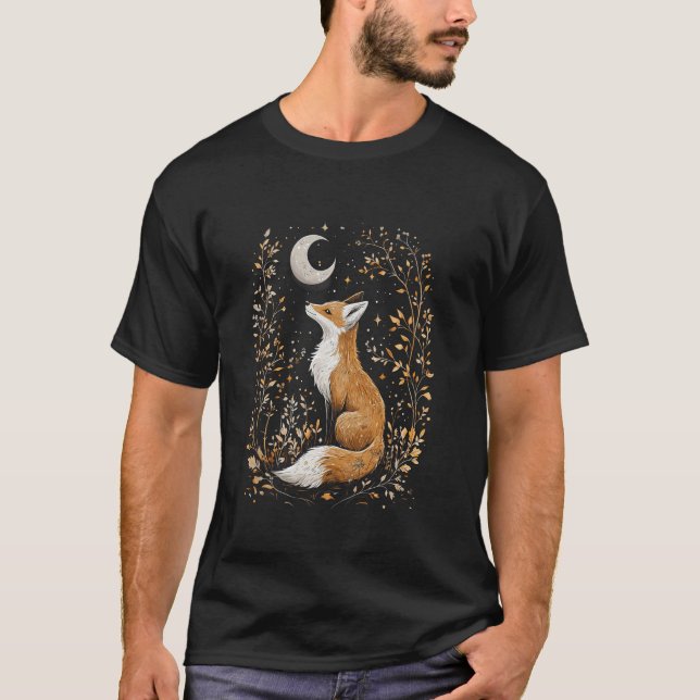 Camiseta lua mística e raposa de fase lunar flores místicas (Frente)