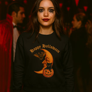 Camiseta Lua Retro, Abóbora, Gato Preto e Bat Halloween