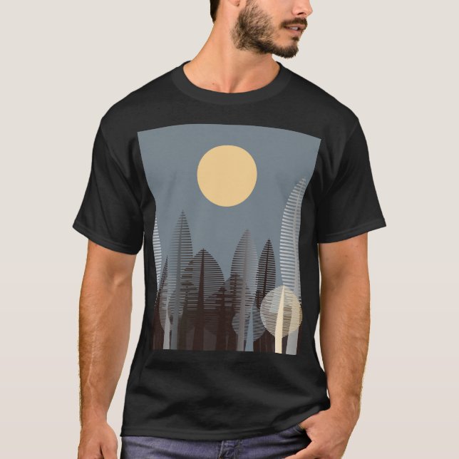 Camiseta Lua sobre floresta listrada, prata. (Frente)