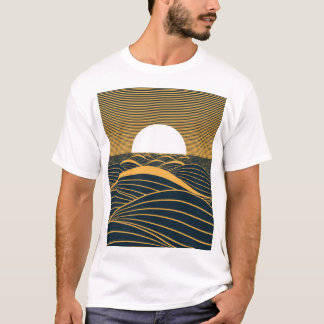 Camiseta Lua-sol estilizada, ilustração do mar escuro.