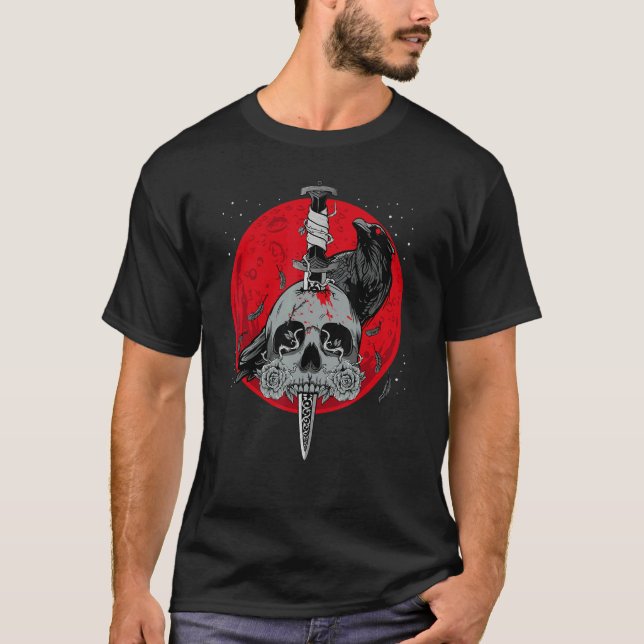 Camiseta Lua Vermelha da Faca do Crânio da Mágica Occulta R (Frente)