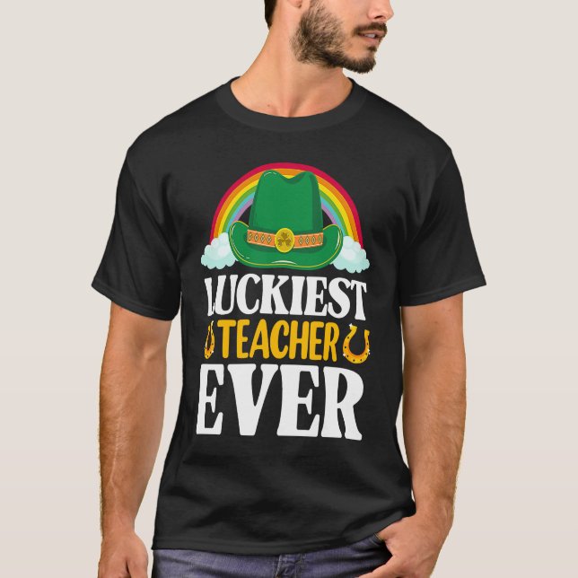 Camiseta Luckiest Teacher Ever Rainbow Shamrock Cute St Pat (Frente)