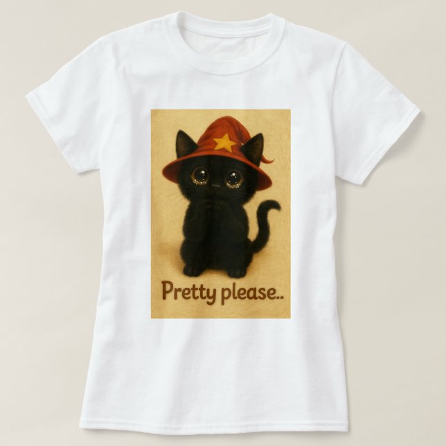 Camiseta Lucky Cat Emi – Kawaii Begging Pose Witch Cat (Frente do Design)