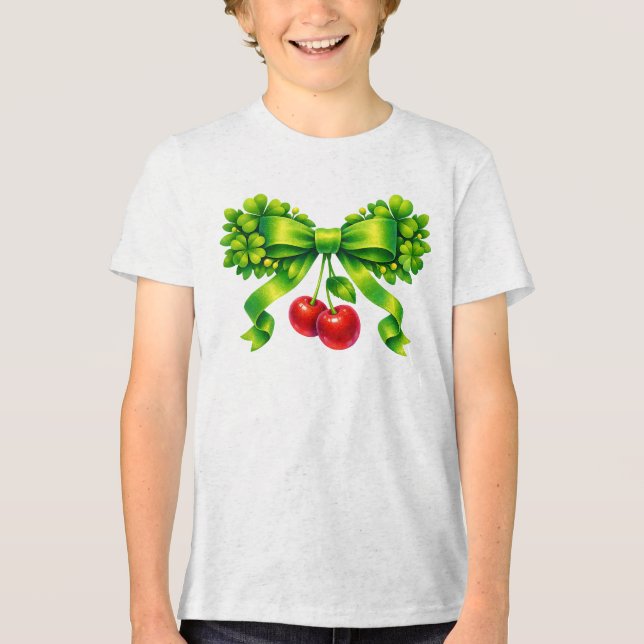 Camiseta Lucky Clover Bow with Cherries Green Design (Frente)