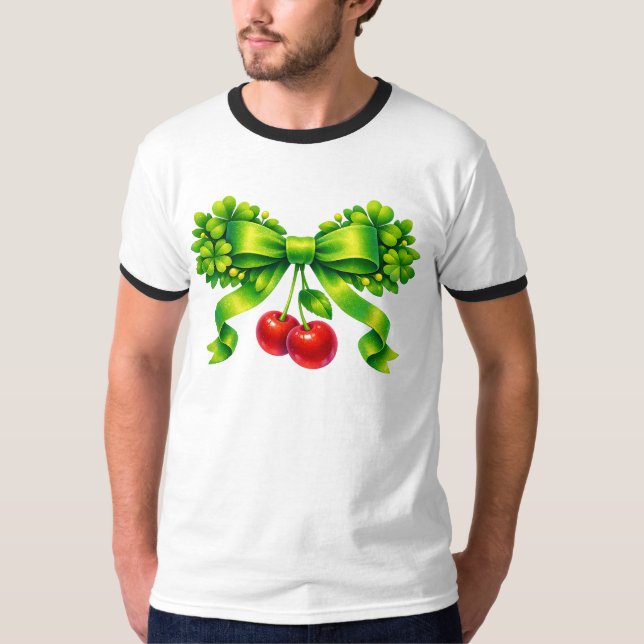 Camiseta Lucky Clover Bow with Cherries Green Design (Frente)
