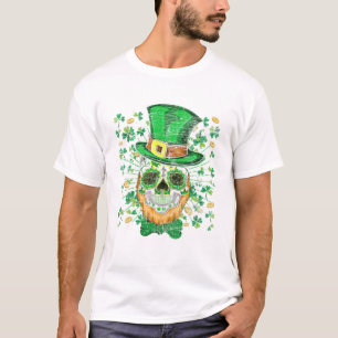 Camiseta Lucky Four Leaf Shamrock Clover Skull Skull Pat Ru