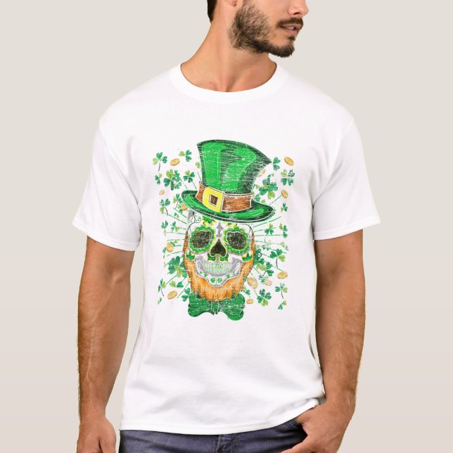 Camiseta Lucky Four Leaf Shamrock Clover Skull Skull Pat Ru (Frente)