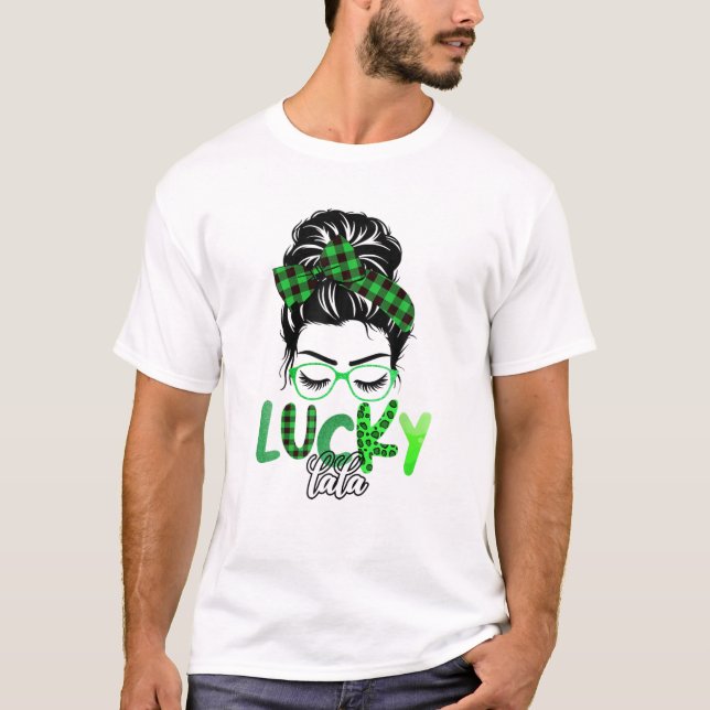 Camiseta Lucky Lala Leopard Xadrez Messy Bun Rua Irlandesa  (Frente)