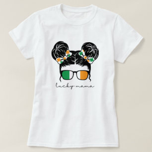 Camiseta Lucky Mama Coque Desgrenhado Com Trevo Dia de São 