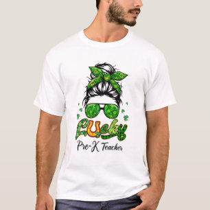 Camiseta Lucky Pre-K Professor Patricks Day Bun Hair Xadrez