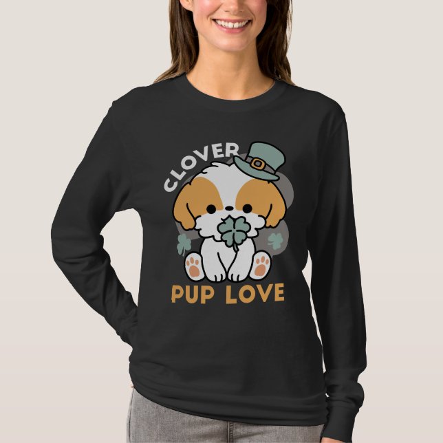 Camiseta Lucky Pup com Clover - Rua. Presente no Dia de Pat (Frente)