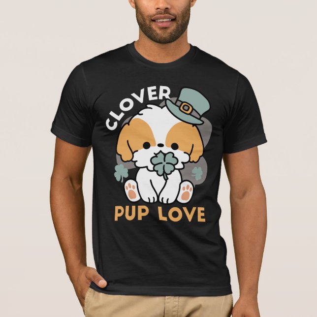 Camiseta Lucky Pup com Clover - Rua. Presente no Dia de Pat (Frente)