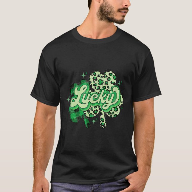 Camiseta Lucky Shamrock Leopard,checkered Patricks Day Funn (Frente)