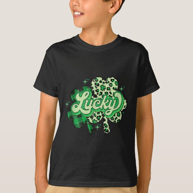 Camiseta Lucky Shamrock Leopard,checkered Patricks Day Funn (Frente)