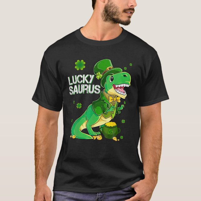 Camiseta Luckysaurus Dinosaur Shamrock Dia de São Patrício  (Frente)