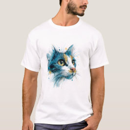 Camiseta Luminous Azure Watercolor Cat Face Modern Art