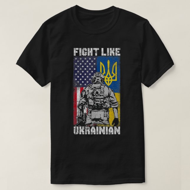 Camiseta Luta Como Os Bandeiras Ucranianos-Americanos Vete (Frente do Design)