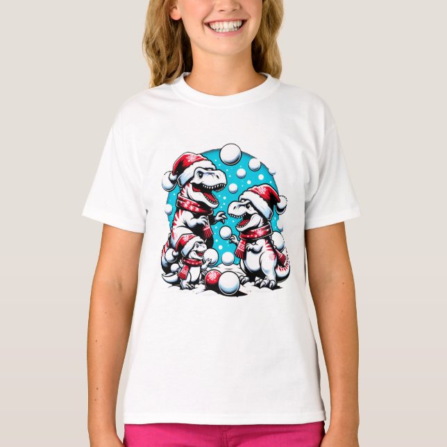 Camiseta Luta de Neve da Família T-Rex - Engraçado Dino de  (Frente)