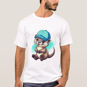Camiseta Lutra de desenho animado fofo vestindo um boné de 