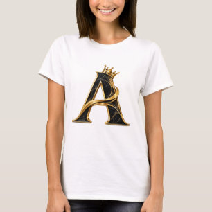 Camiseta Luxuosa Letra A Coroa Dourada Preta Ini