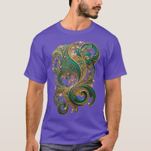 Camiseta Luxuoso Esmeralda Verde Dourado Filigrana Padrão E