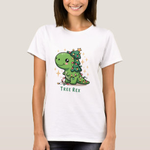 Camiseta Luz de Dinossauro de Natal Festa Engraçada Árvore 