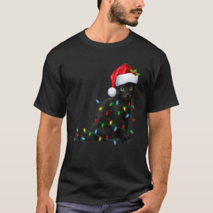 Camiseta Luz de Natal de Gato Preto Chapéu de Papai Noel  G