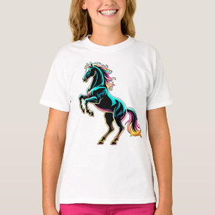 Camiseta Luz Neon de Cavalo Efeito Glitch Estilo Retro