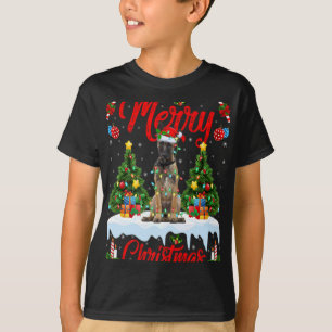 Camiseta Luzes Árvore de Natal Cão Malinois Belga Santa Cri