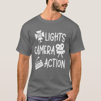 Camiseta Luzes Câmera Ação Criador de Filme Diretor de Cine