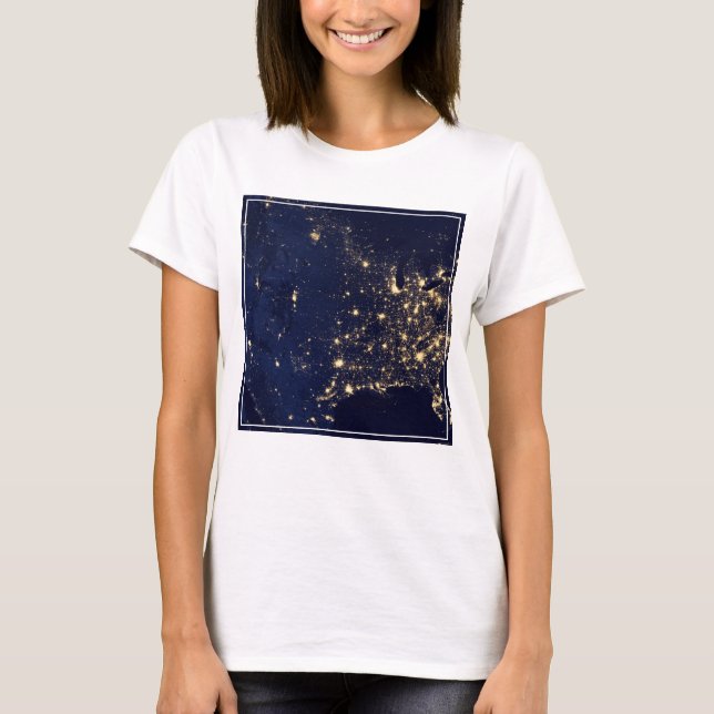 Camiseta Luzes Da Cidade Dos Estados Unidos À Noite. (Frente)