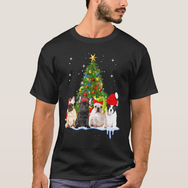 Camiseta Luzes de Árvore de Natal do Buldogue Francês (Frente)