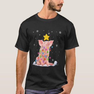 Camiseta Luzes de Árvore de Natal dos Animais de Suíno do N