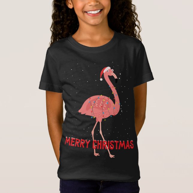 Camiseta Luzes de árvore de Natal lindas flamingo (Frente)