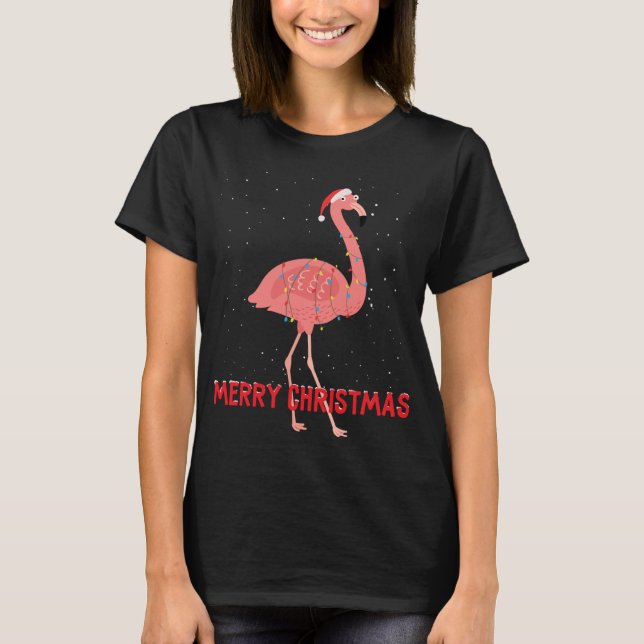 Camiseta Luzes de árvore de Natal lindas flamingo (Frente)