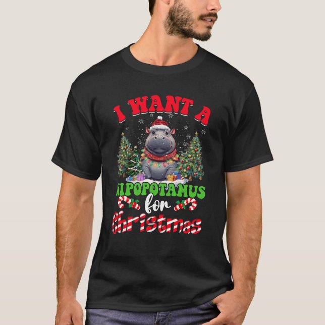 Camiseta Luzes De Árvore Hippo Xmas Eu Quero Um Hippopotamu (Frente)