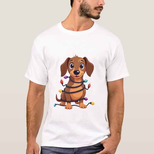 Camiseta Luzes de Cachorro Dachshund de Natal (Frente)
